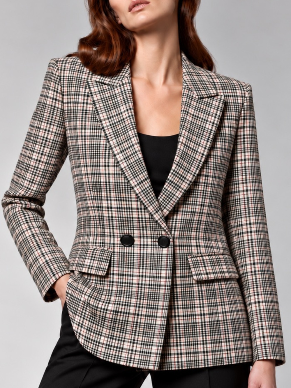 Massimo Dutti Wool Check Double Breasted Blazer Size 6 Cream Black Red 6060/712